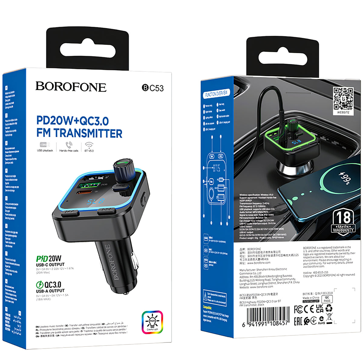 Bluetooth FM modulátor BC53 autópálya, 2 x USB-A - 1 x USB-C