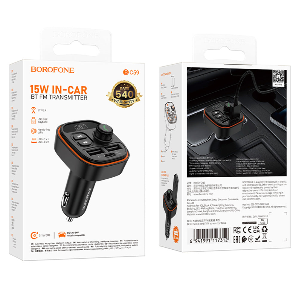 Borofone BC59 Heroic Bluetooth FM modulátor, 2 x USB-A - 1 x USB-C