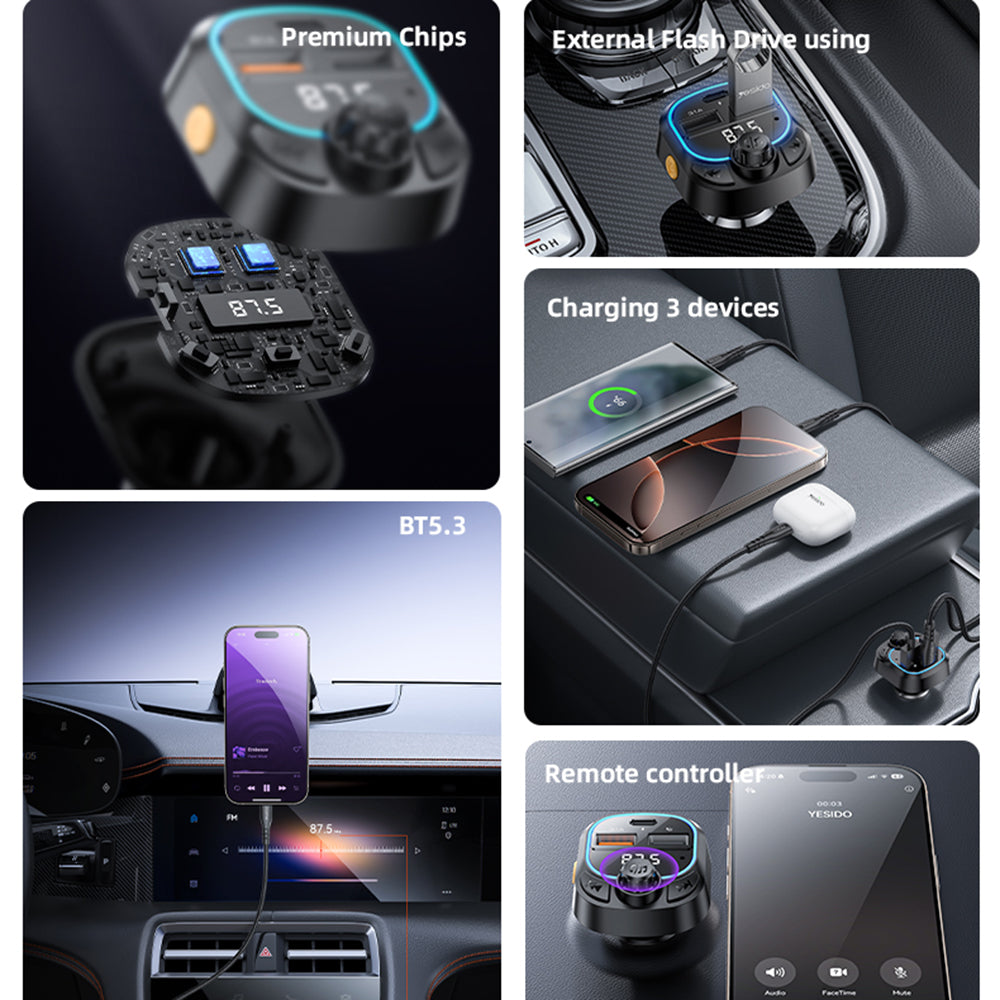 FM Bluetooth modulátor Yesido Y70, 2 x USB-A - 1 x USB-C