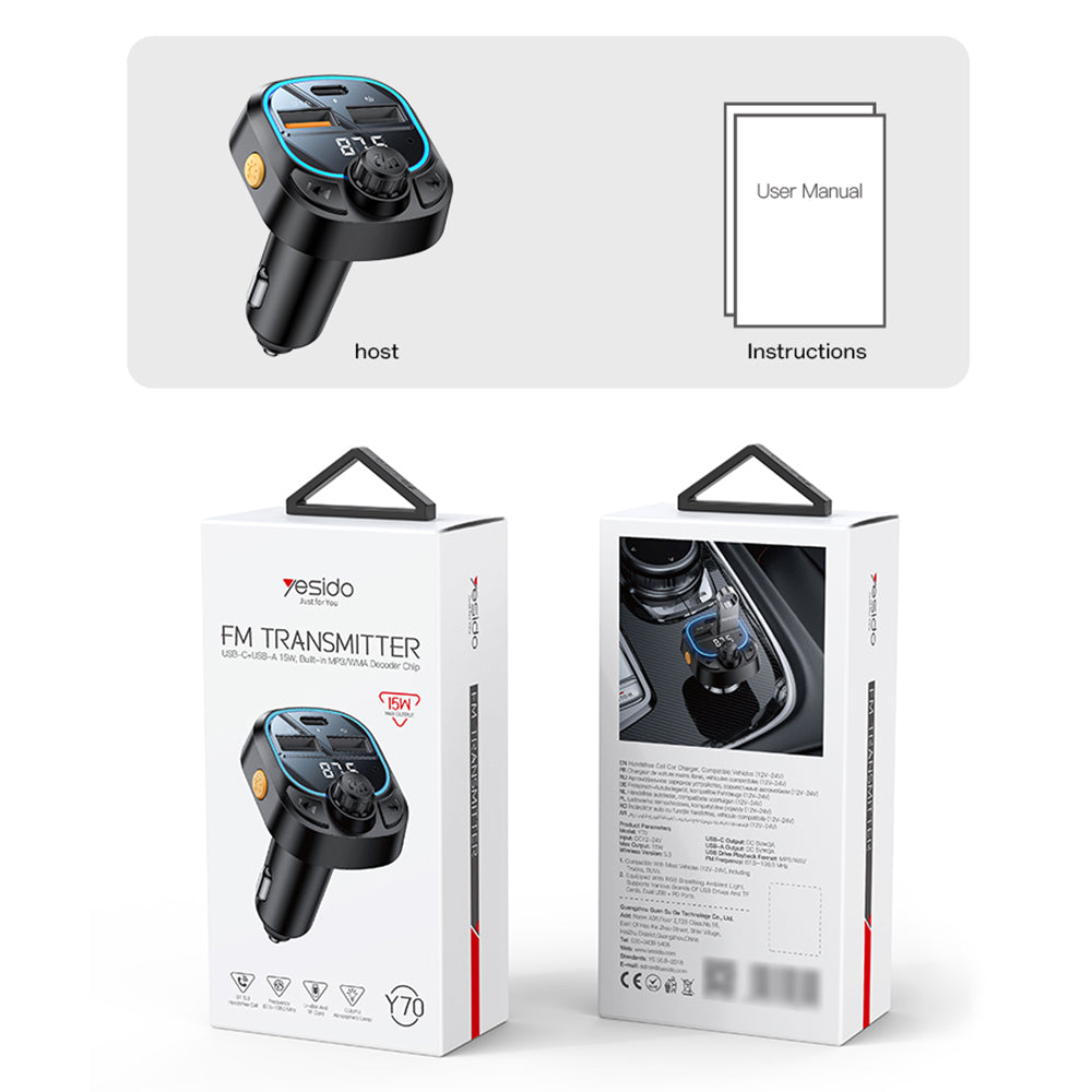 FM Bluetooth modulátor Yesido Y70, 2 x USB-A - 1 x USB-C