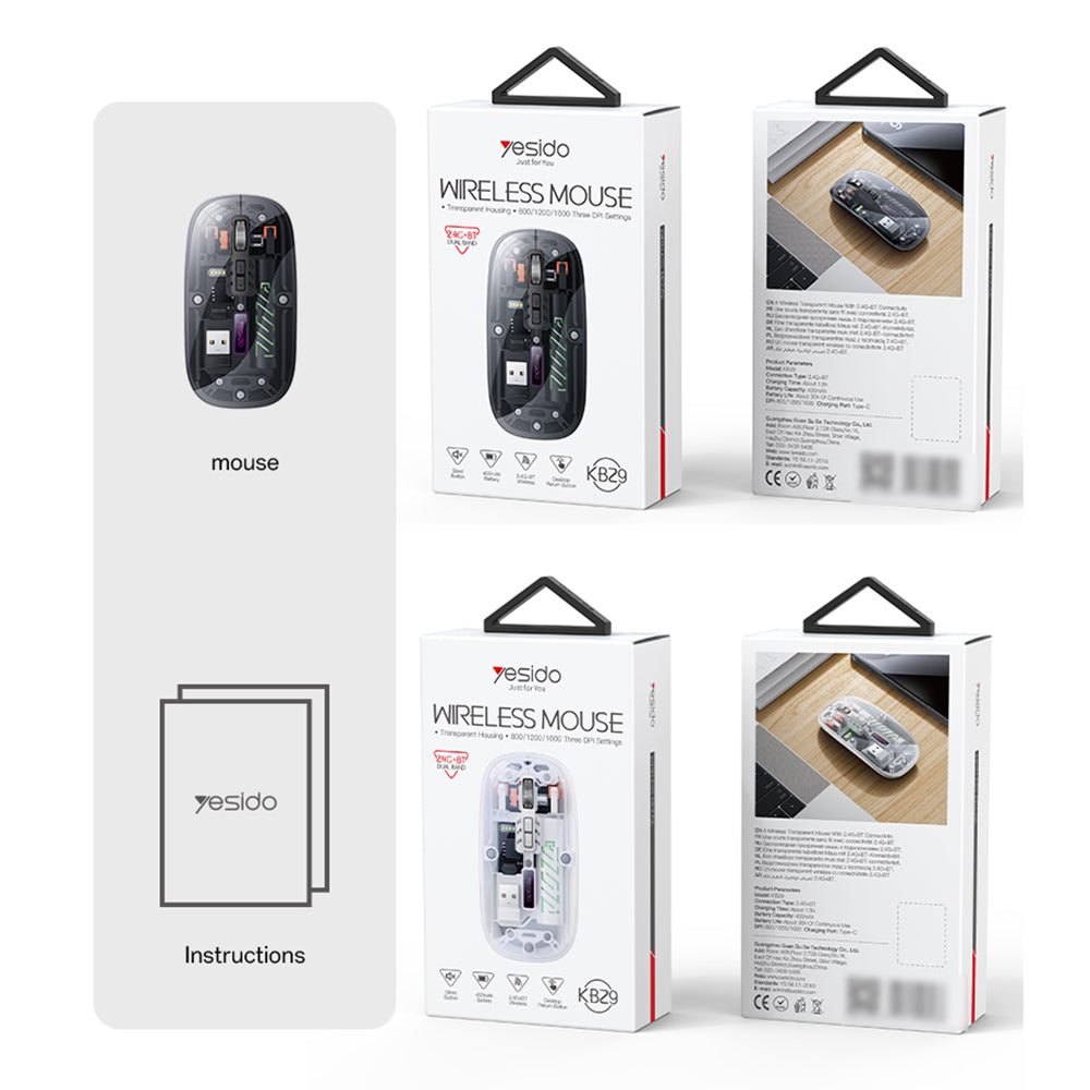 Vezeték nélküli egér Yesido KB29, 800DPI - 1600DPI, BT / Wi-Fi, Fehér