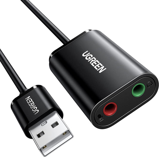 USB hangkártya UGREEN US205, 2 x 3,5 mm-es jack, Fekete