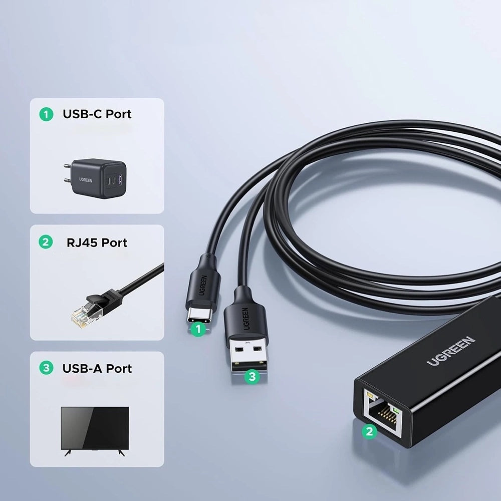 UGREEN CR110 (75535) hálózati kártya, RJ45, USB / USB-C, Fekete