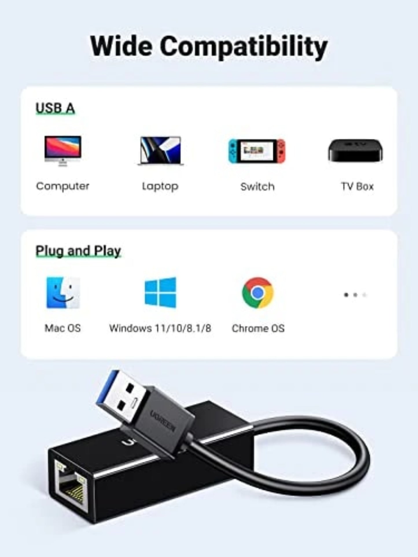 UGREEN CR111 Hálózati Kártya, RJ45, USB 3.0, Fehér