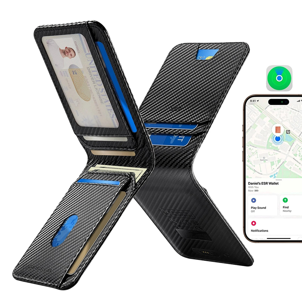ESR Classic Geo Carbon pénztárca Find My funkcióval és RFID védelemmel, fekete, újrazárva