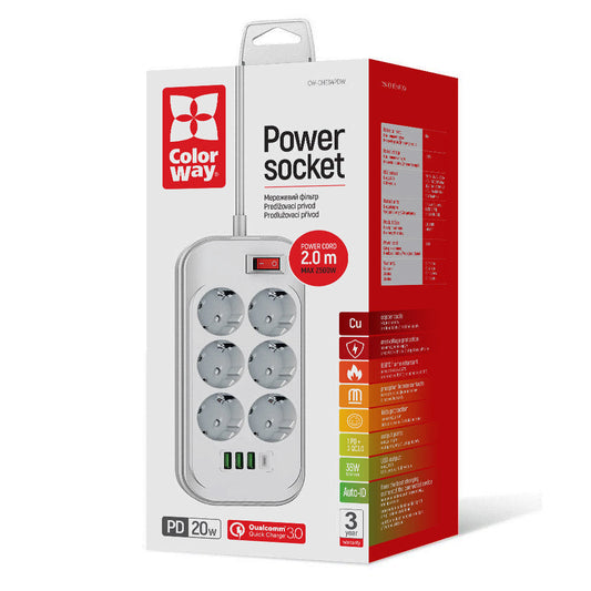ColorWay hosszabbító, 6 x Schuko, fehér