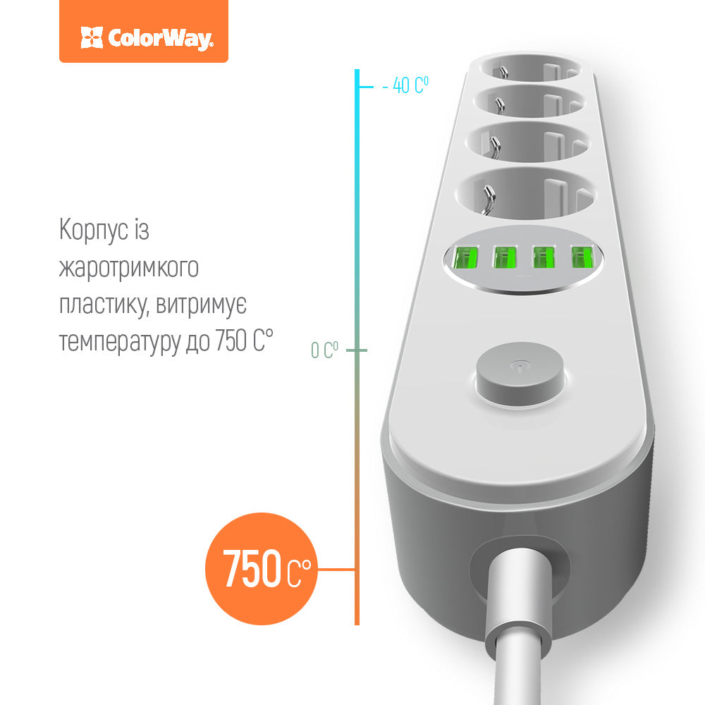 ColorWay hosszabbító, 4 x Schuko - 4 x USB-A, Fehér