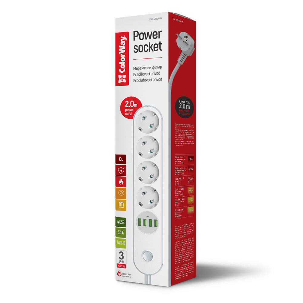 ColorWay hosszabbító, 4 x Schuko - 4 x USB-A, Fehér