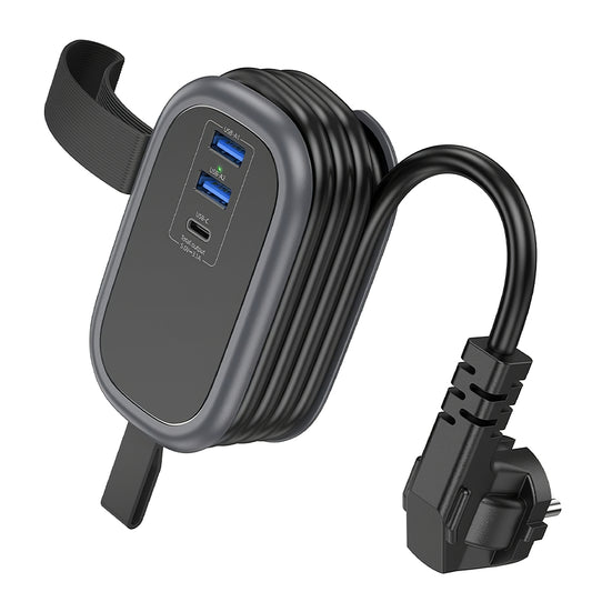 HOCO NS6 hosszabbító kábel, 12W, 2,4A, 2 x USB-A - 1 x USB-C - 1 x Schuko, fekete