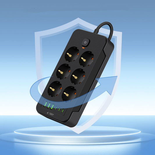 Hosszabbító kábel Tech-Protect PC6X6, 15,5W, 3,1A, 3 x USB-A - 3 x USB-C - 6 x Schuko, fekete