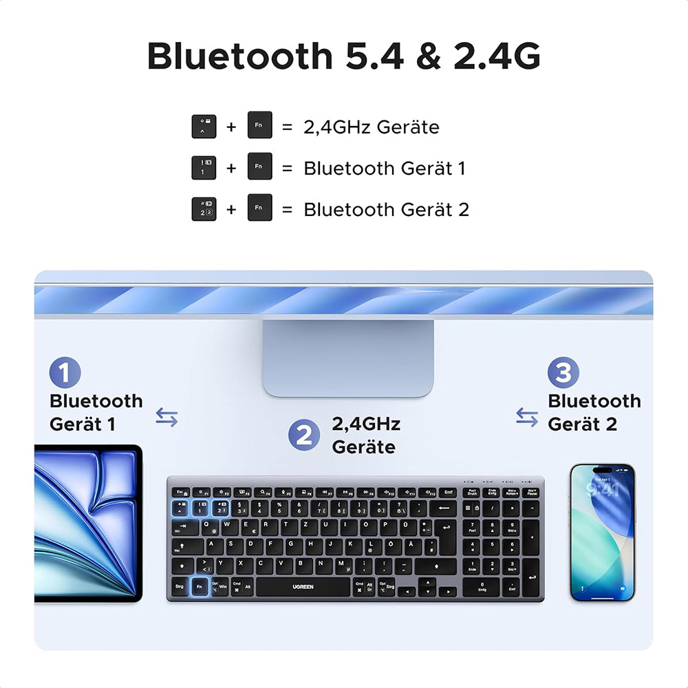 UGREEN K552 vezeték nélküli billentyűzet (75163), BT / Wi-Fi, Fekete
