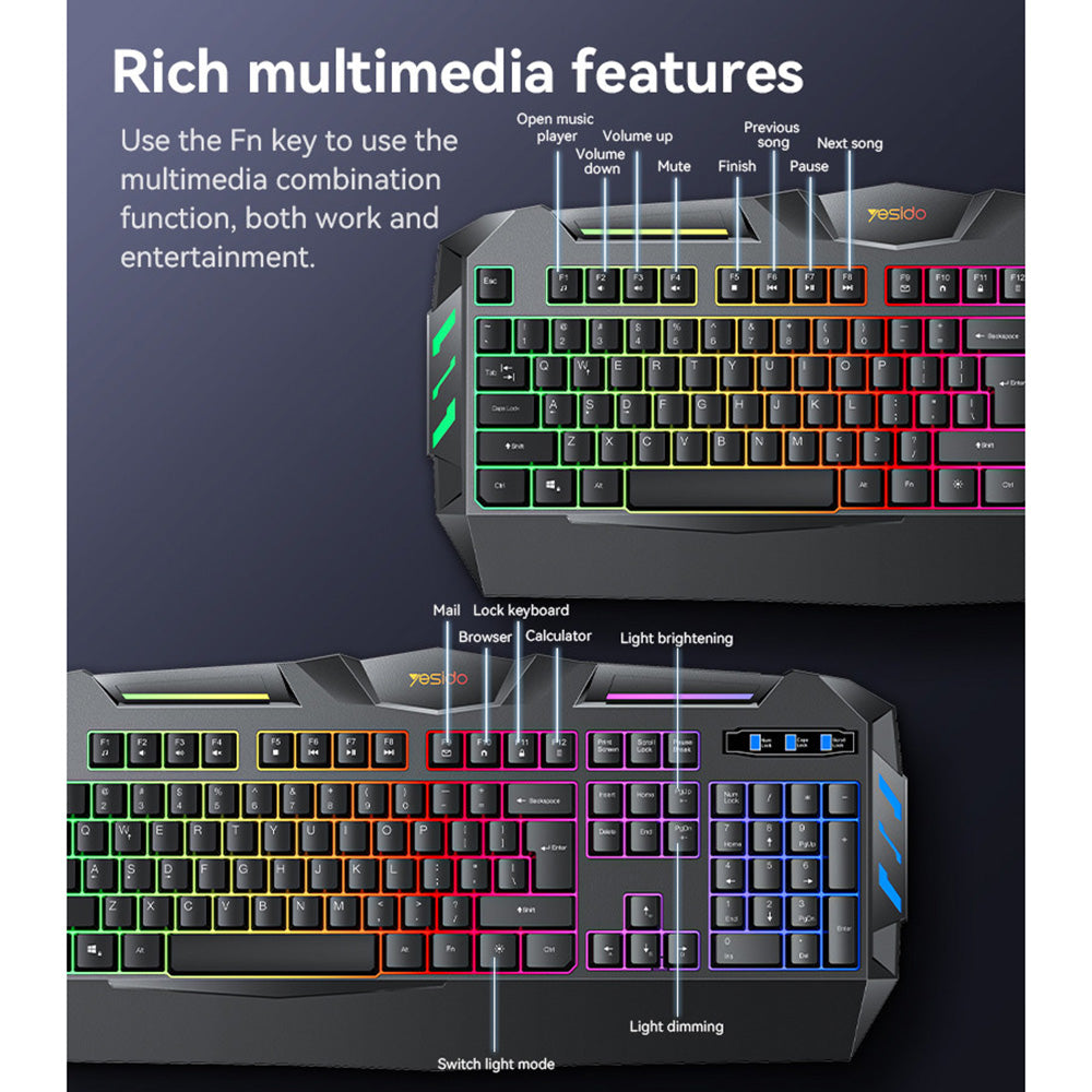 Yesido KB21 vezeték nélküli billentyűzet, RGB, 1,5m, fekete