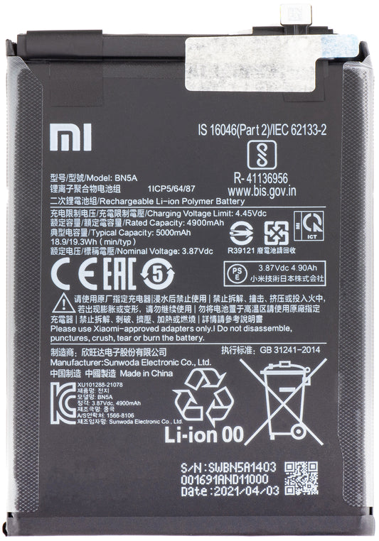Akkumulátor Xiaomi Redmi Redmi 10 2022 / Note 10T 5G / 10 (2021) / Note 10 5G / Poco M3 Pro 5G, BN5A, szervizcsomag 460200006L5Z 