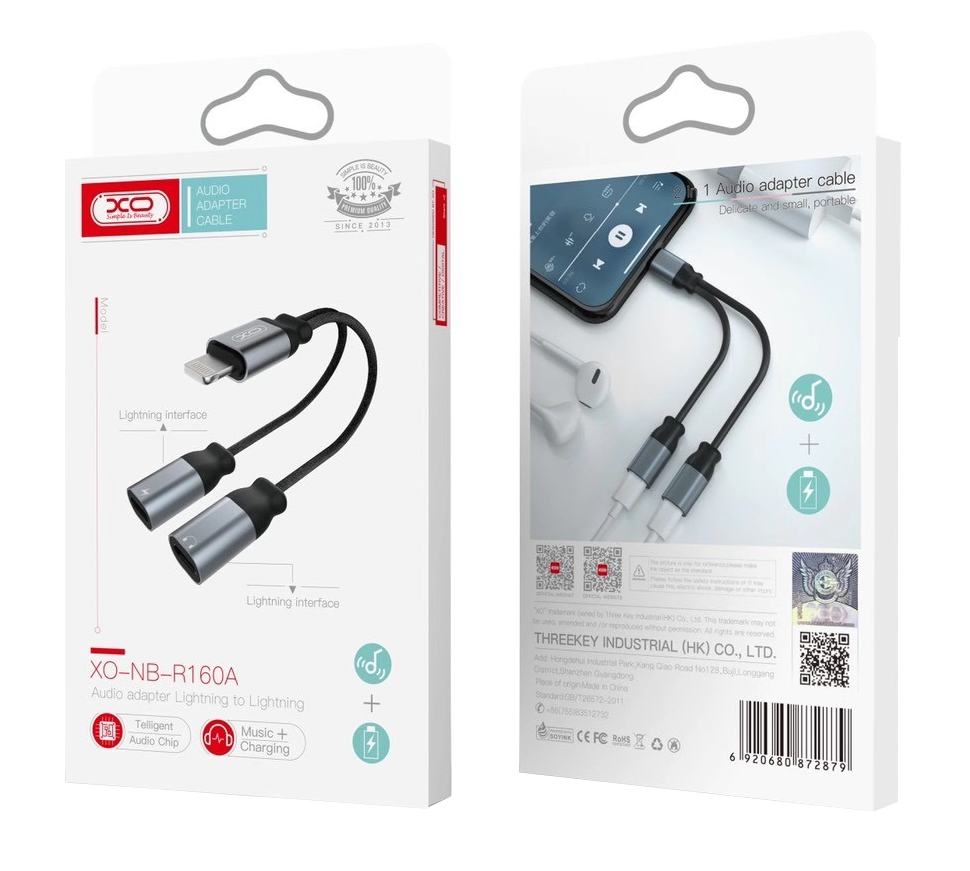 Lightning Audio Adapter - 2 x Lightning XO Design NB-R160A, Szürke