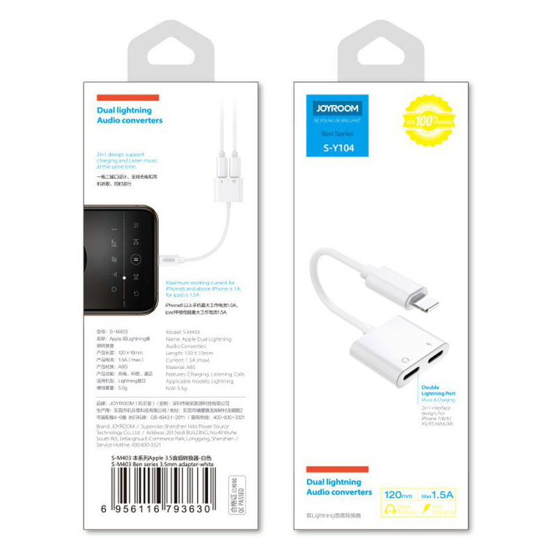 Audio Lightning Adapter - 2 x Lightning Joyroom S-Y104, Fehér