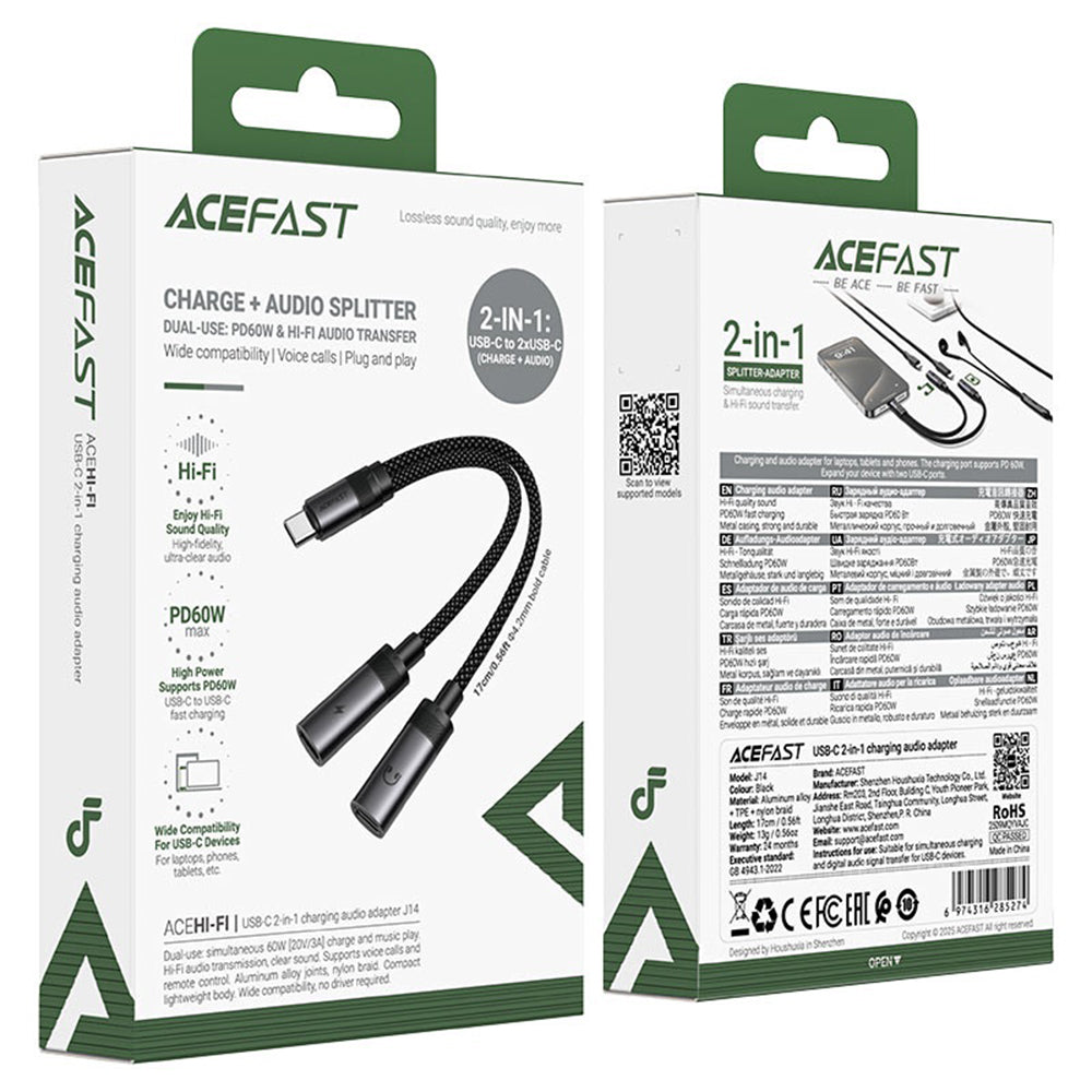 USB-C Audio Adapter - 2 x USB-C Acefast J14, Fekete