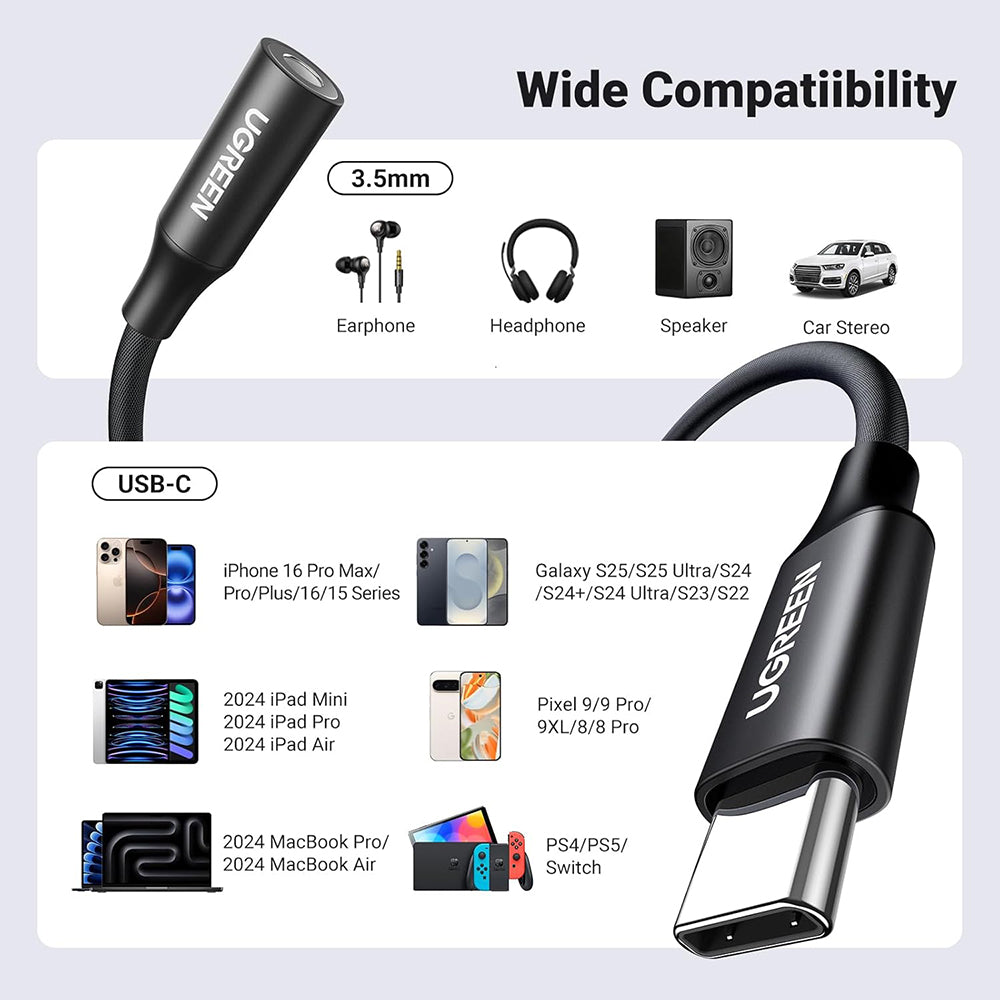 USB-C - 3,5 mm-es UGREEN AV161 audio adapter, fekete
