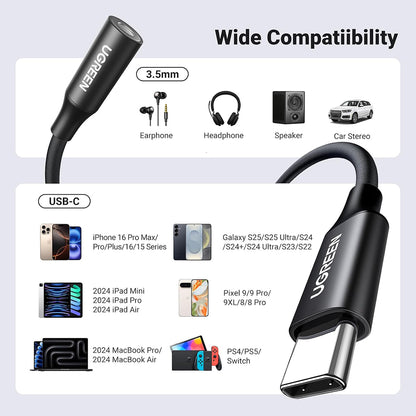 USB-C - 3,5 mm-es UGREEN AV161 audio adapter, fekete