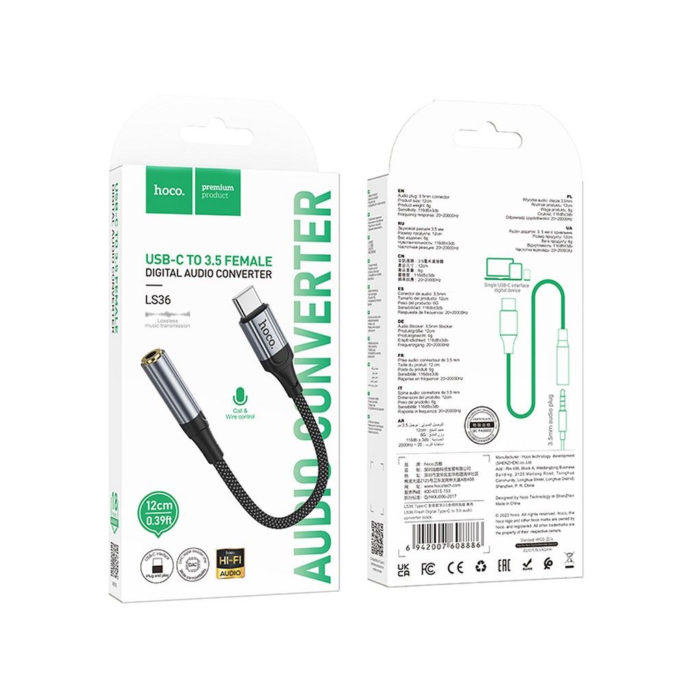 Audio adapter USB-C - 3.5mm HOCO LS36, Szürke