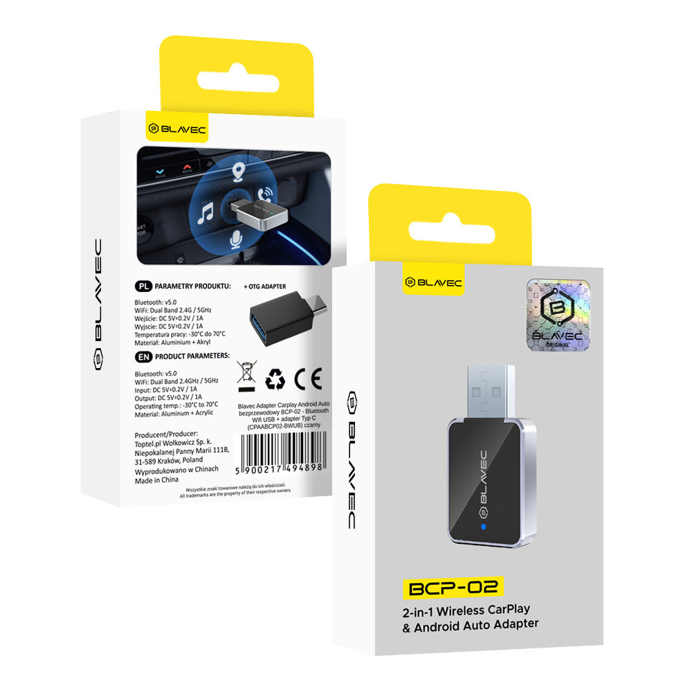 Blavec BCP-02 vezeték nélküli Carplay / Android Auto adapter Apple iPhone / Android sorozathoz