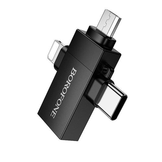 OTG Lightning / microUSB / USB-C - USB-A Borofone BV26D adapter, fekete