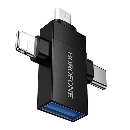 OTG Lightning / microUSB / USB-C - USB-A Borofone BV26D adapter, fekete