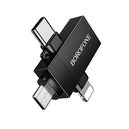 OTG Lightning / microUSB / USB-C - USB-A Borofone BV26D adapter, fekete
