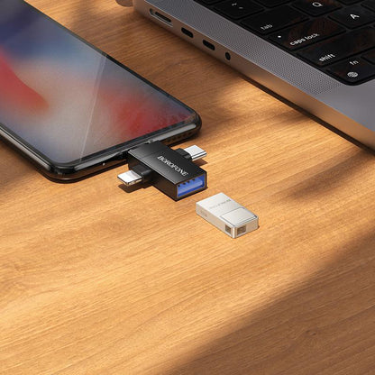 OTG Lightning / microUSB / USB-C - USB-A Borofone BV26D adapter, fekete