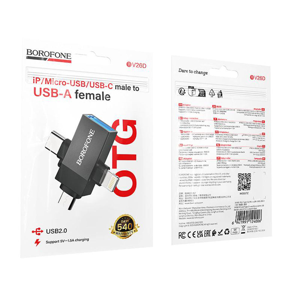OTG Lightning / microUSB / USB-C - USB-A Borofone BV26D adapter, fekete