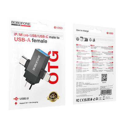 OTG Lightning / microUSB / USB-C - USB-A Borofone BV26D adapter, fekete