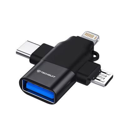 OTG Lightning / microUSB / USB-C - USB-A Techsuit A17 SoundVoltX adapter, Fekete