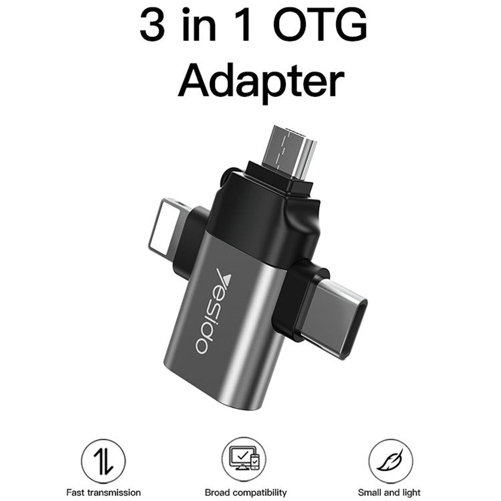 OTG adapter Lightning / microUSB / USB-C - USB-A Yesido GS15, Fekete