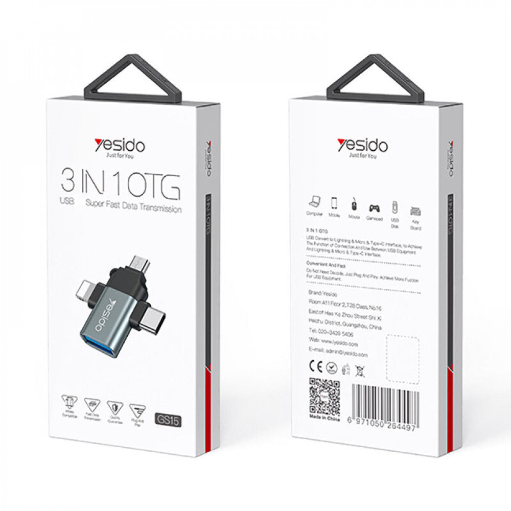 OTG adapter Lightning / microUSB / USB-C - USB-A Yesido GS15, Fekete