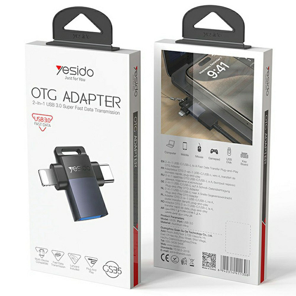 OTG Lightning / USB-C - USB-A Yesido GS35 adapter, Szürke