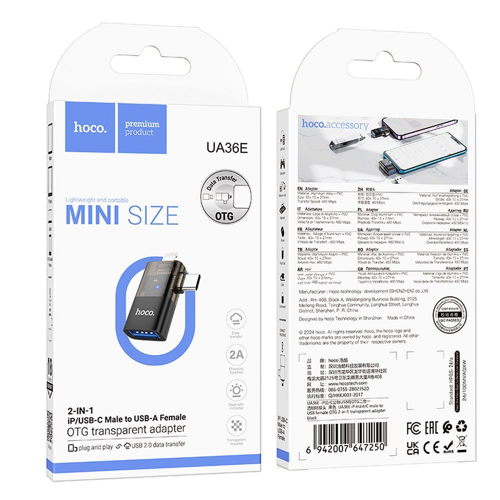OTG adapter Lightning / USB-C - USB-A HOCO UA36E, Fekete