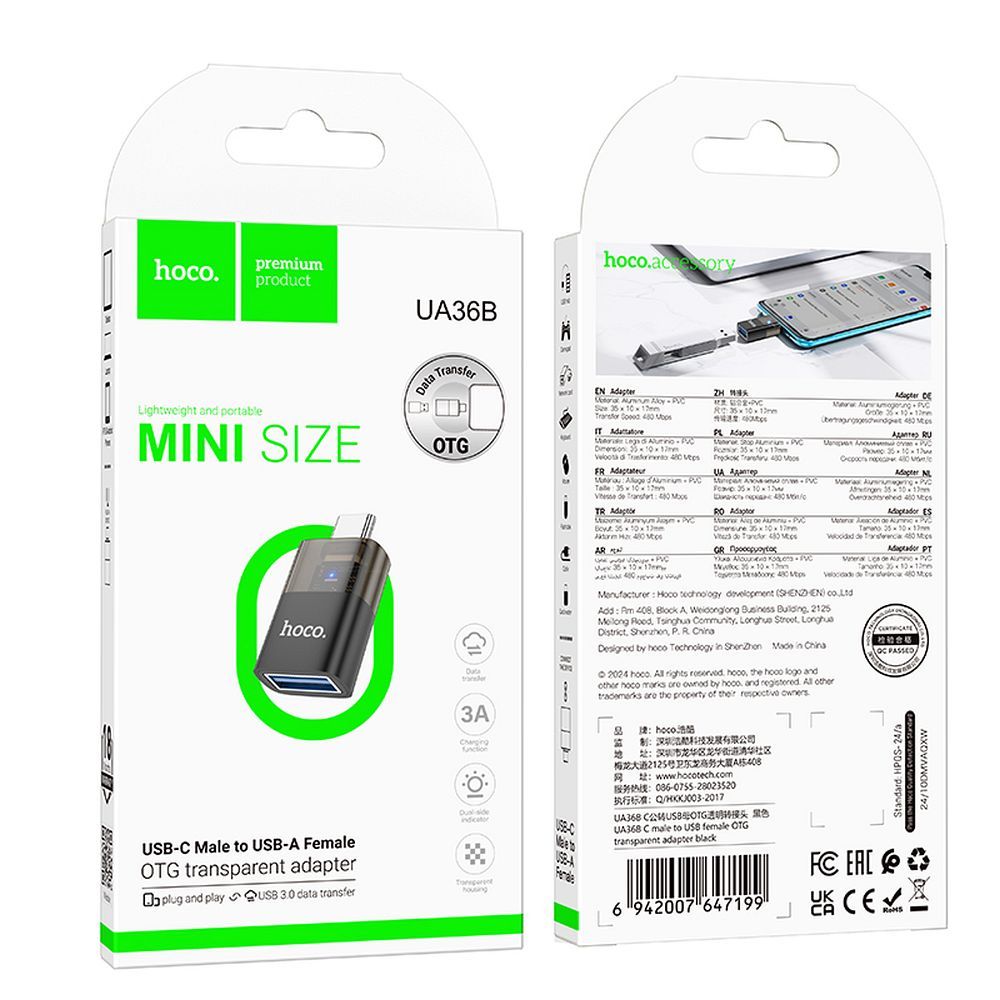 OTG USB-C - USB-A HOCO UA36B adapter, Fekete