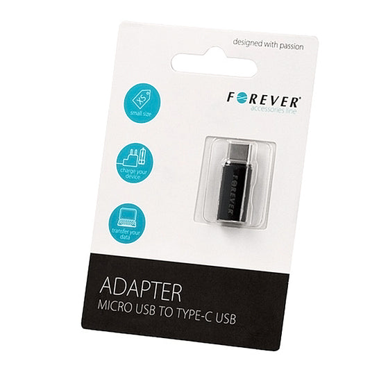 Adat- és töltőadapter microUSB - USB-C Forever, Fekete