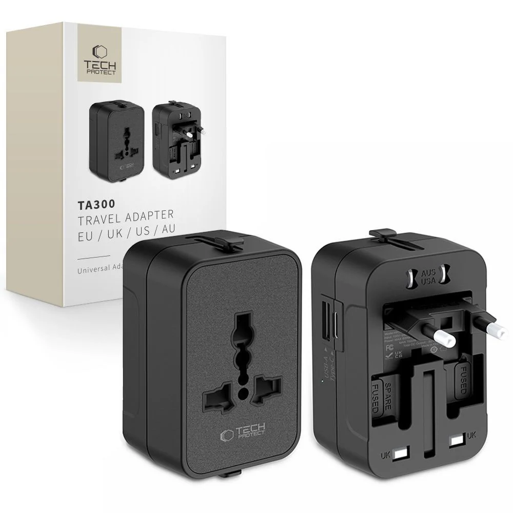 Tech-Protect TA300 Travel EU / UK / US / AU hálózati adapter, Fekete