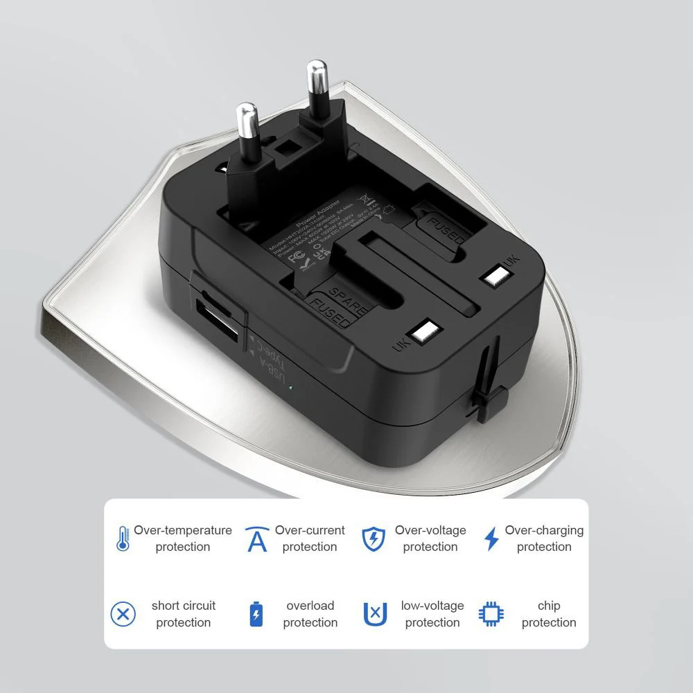 Tech-Protect TA300 Travel EU / UK / US / AU hálózati adapter, Fekete