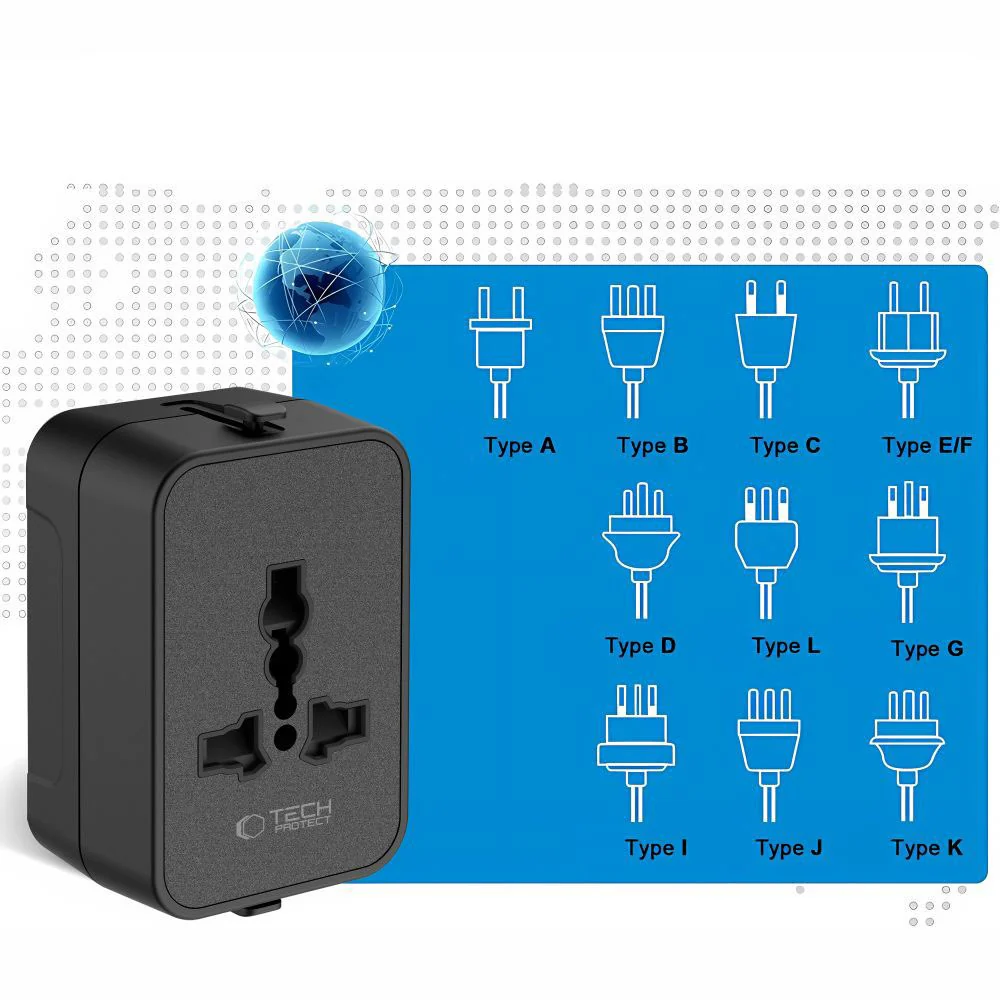 Tech-Protect TA300 Travel EU / UK / US / AU hálózati adapter, Fekete