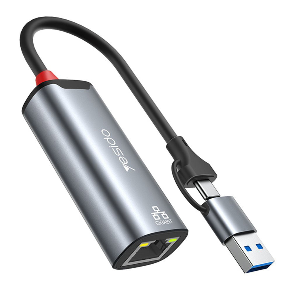 Yesido HB26 hálózati adapter, RJ45, USB / USB-C, szürke
