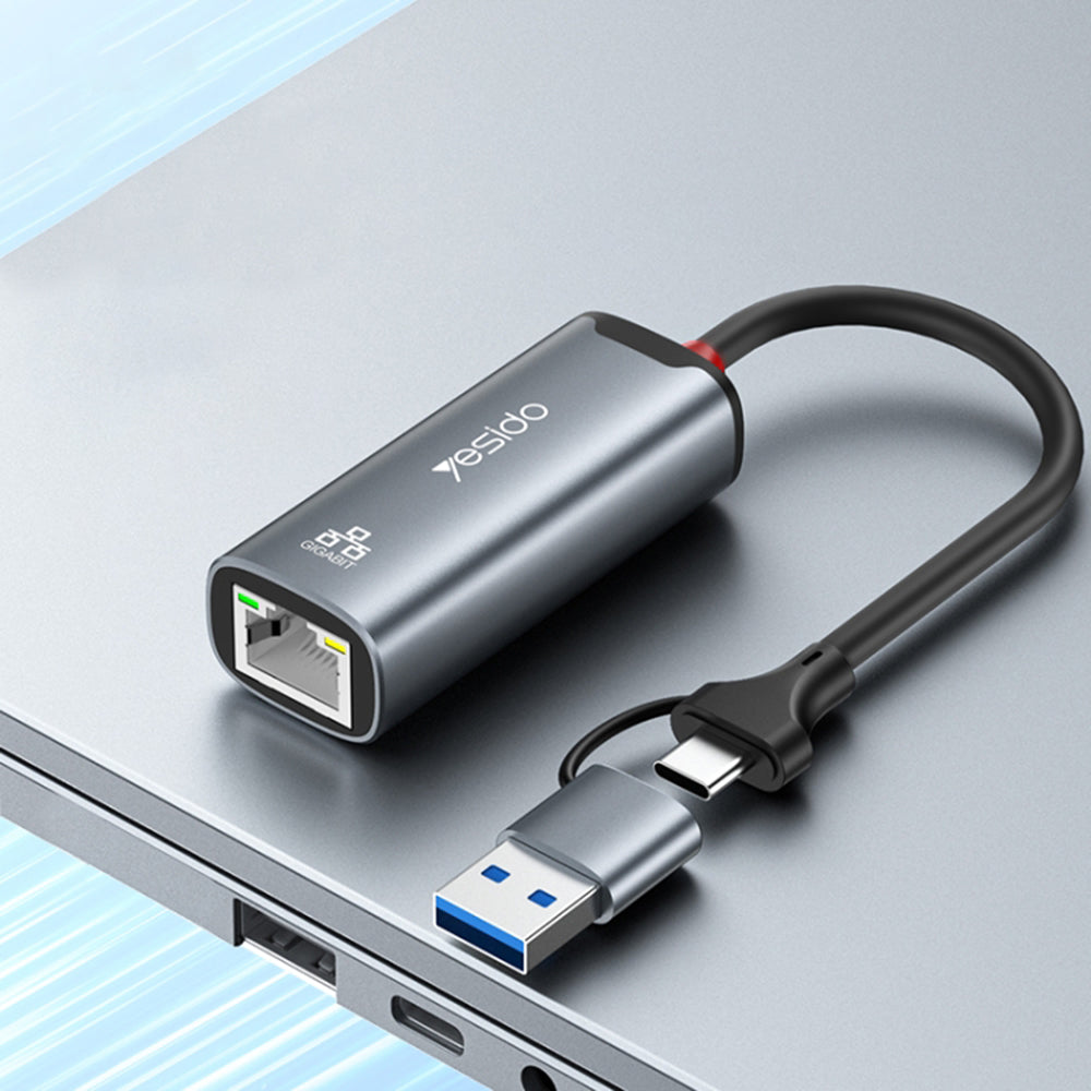 Yesido HB26 hálózati adapter, RJ45, USB / USB-C, szürke