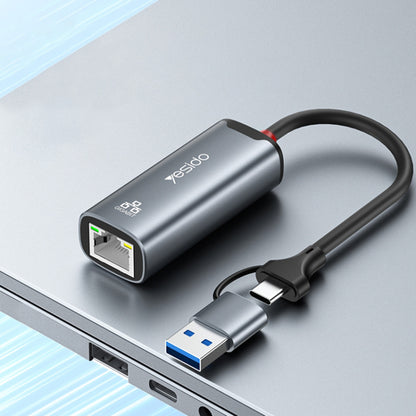 Yesido HB26 hálózati adapter, RJ45, USB / USB-C, szürke