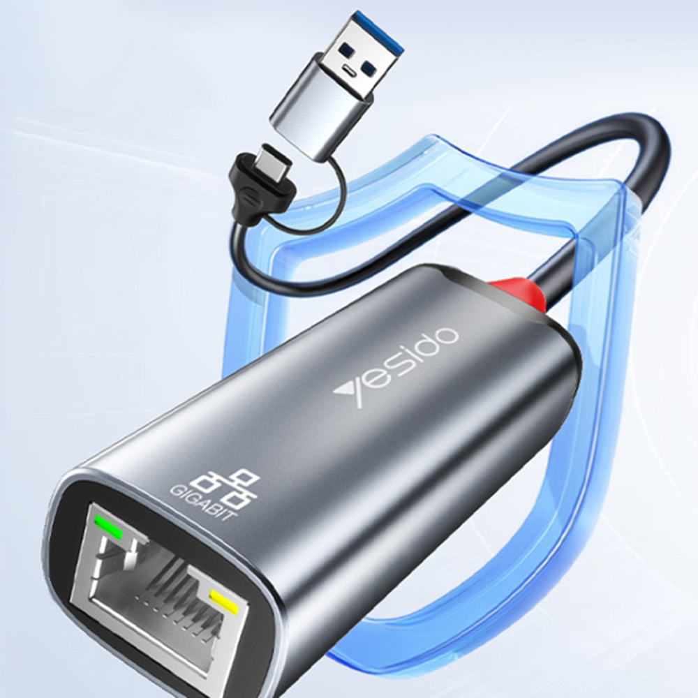 Yesido HB26 hálózati adapter, RJ45, USB / USB-C, szürke
