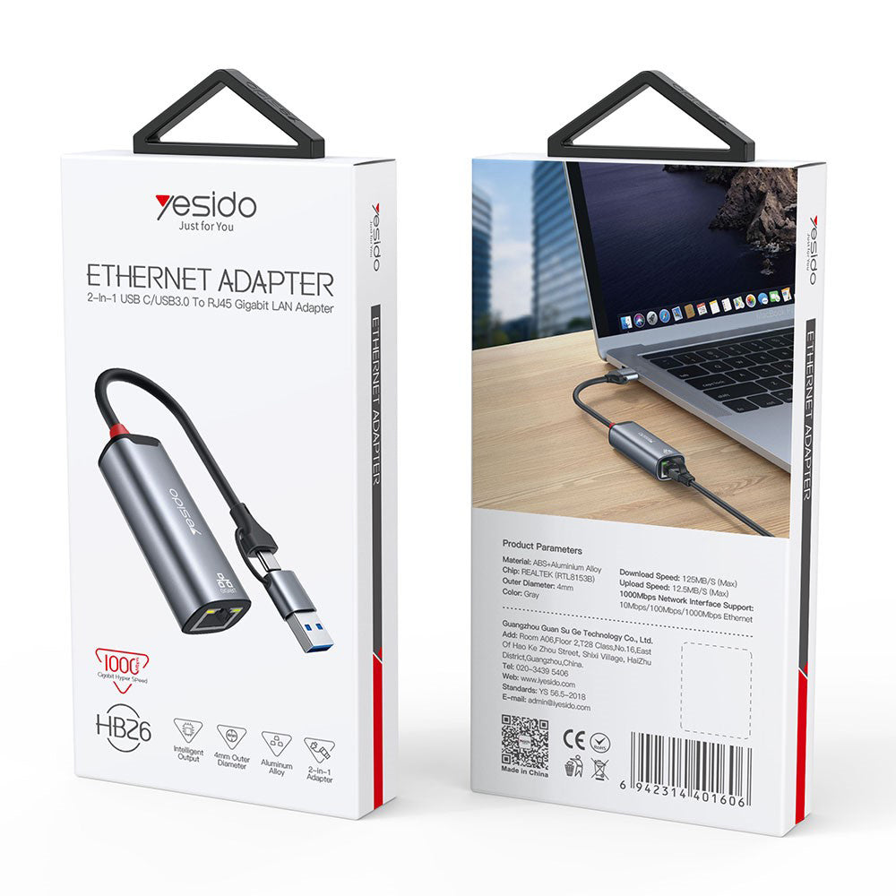 Yesido HB26 hálózati adapter, RJ45, USB / USB-C, szürke