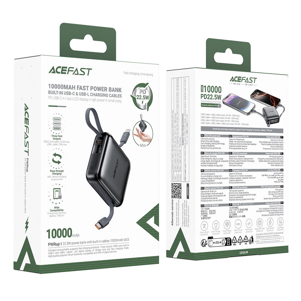 Külső akkumulátor Acefast M23, 10000mAh, 22.5W, QC + PD, 1 x Lightning - 2 x USB-C, Szürke