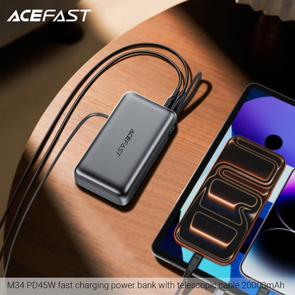 Acefast M34 External Battery, 20000mAh, 45W, QC + PD, 1 x USB-A - 2 x USB-C, Silver
