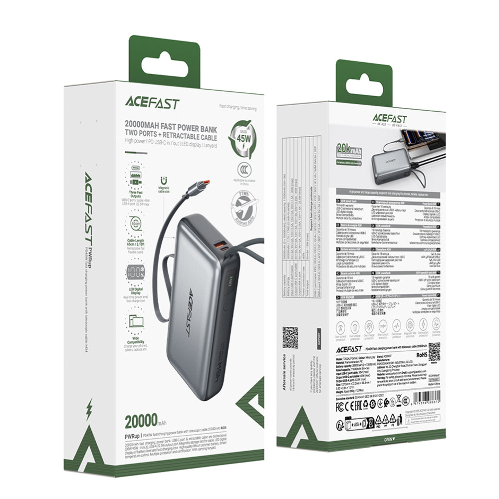 Acefast M34 External Battery, 20000mAh, 45W, QC + PD, 1 x USB-A - 2 x USB-C, Gray