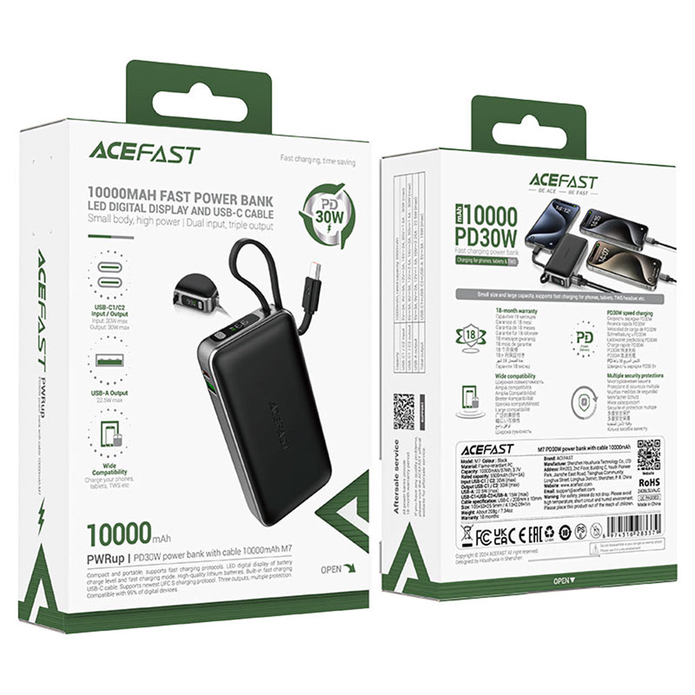 Acefast M7 külső akkumulátor, 10000mAh, 30W, QC + PD, 1 x USB-A - 2 x USB-C, fekete