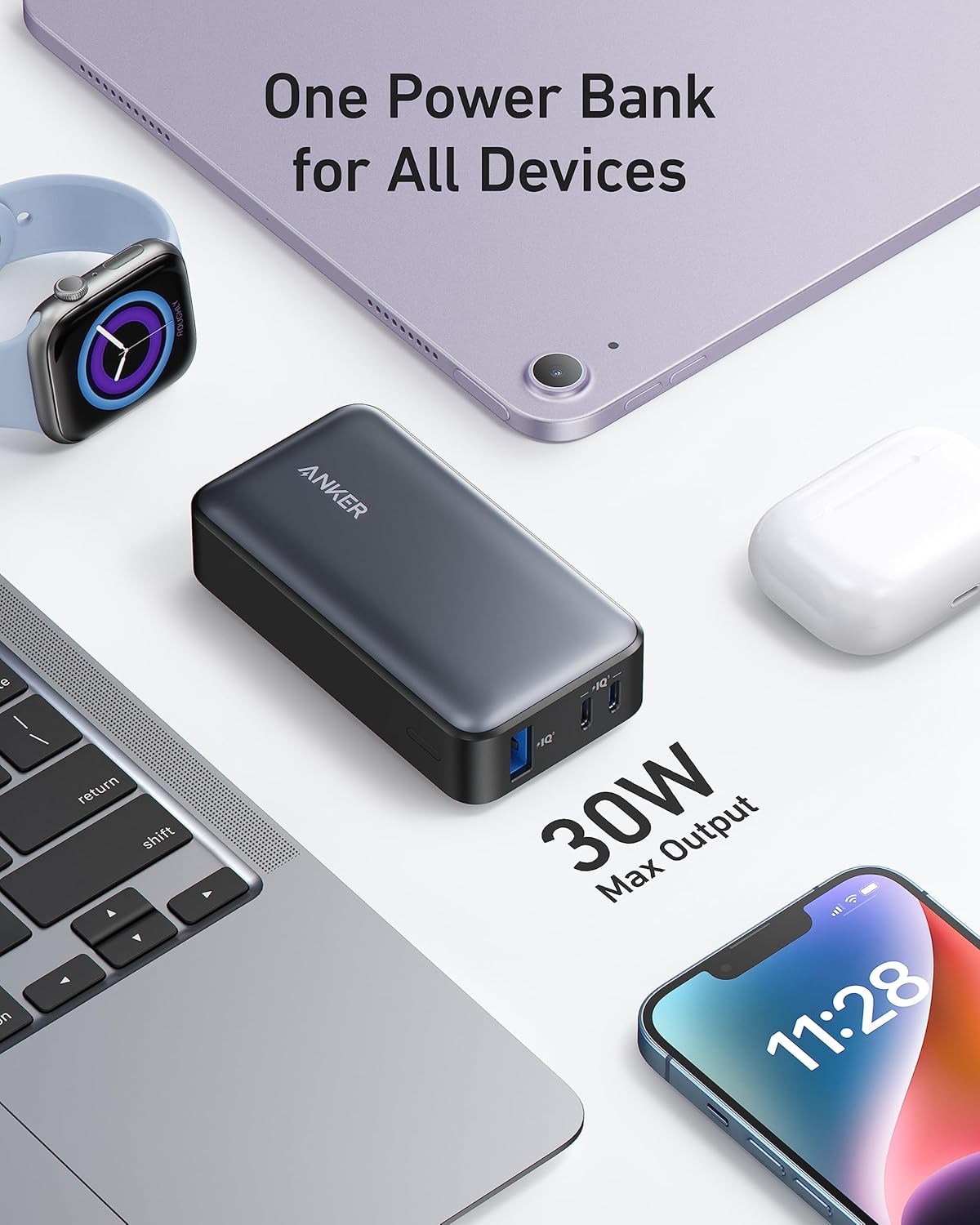 Anker 533 külső akkumulátor, 10000mAh, 30W, QC + PD, 1 x USB-A - 2 x USB-C, fekete A1256G12